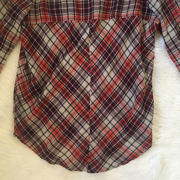 Free People Stitch Detail Plaid Red Purple Flannel Button Up - Picture 8 of 8